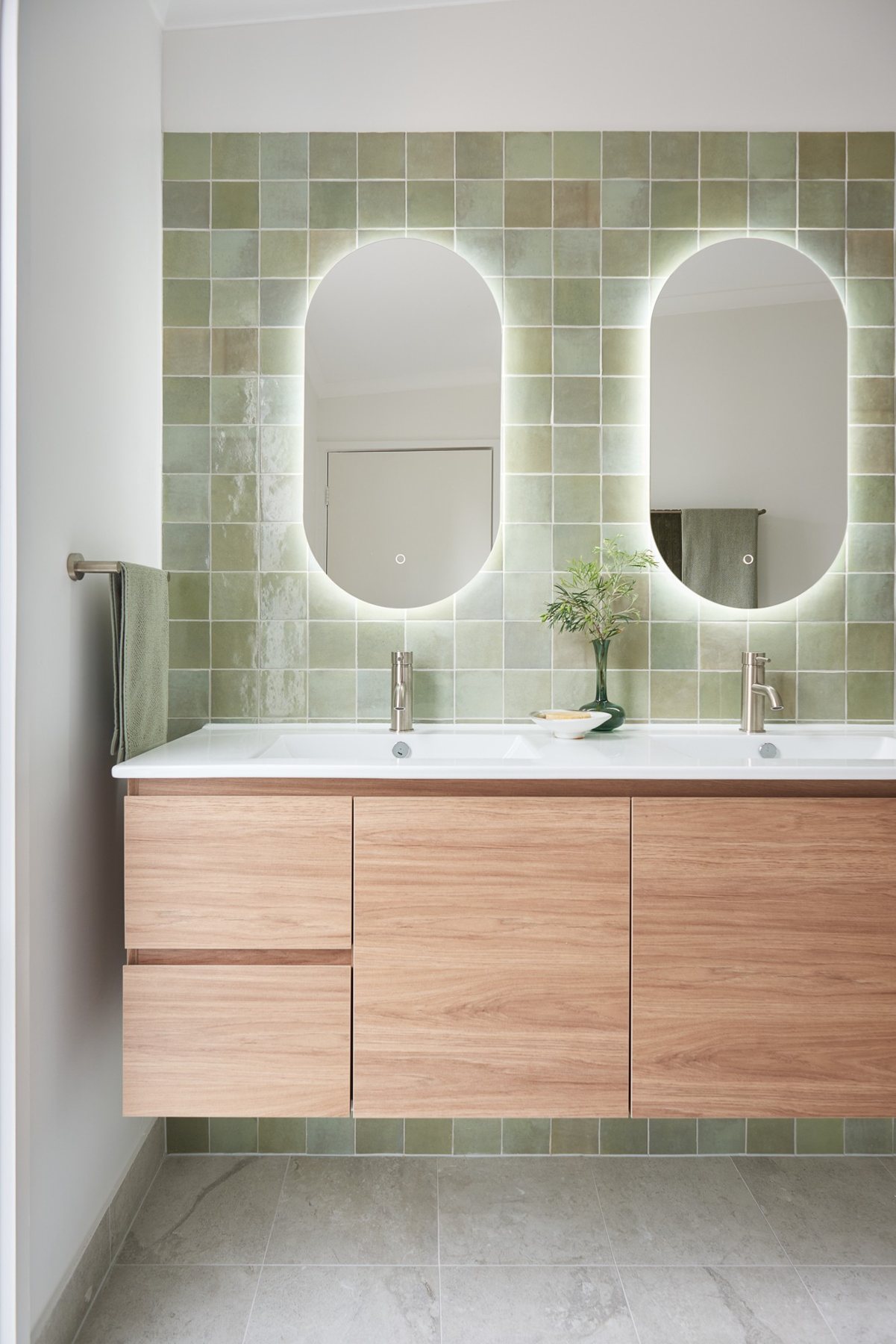 After: Green Tile Double Vanity